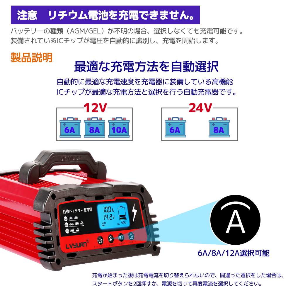 新品 自動バッテリー充電器 定格12A 全自動 スマートチャージャー 12V/24V対応 バッテリー診断機能付 AGM/GEL車充電可能 緊急時 Yinleader_画像5