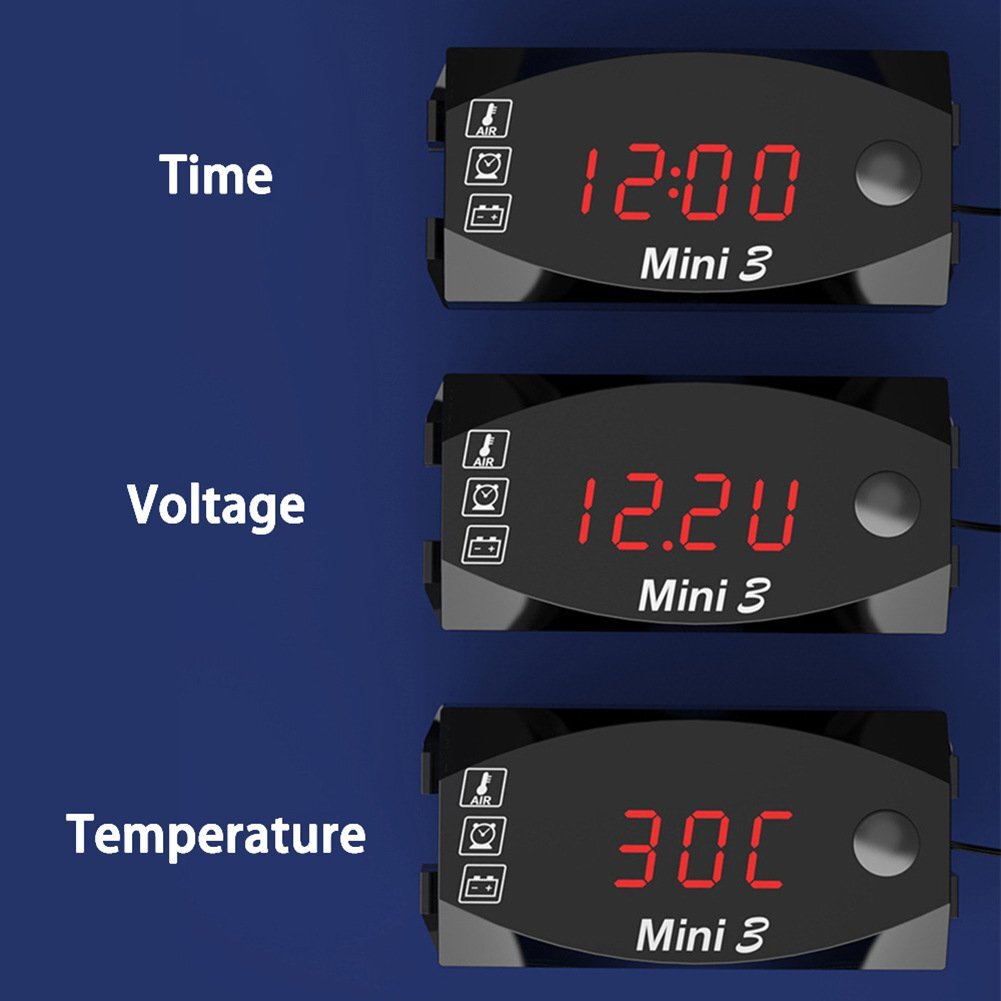 バイク用デジタルメーター 電圧計/温度計/時計 3in1 防水・防塵仕様 12V 【ボルトメーター 軽量 バイク用時計 多機能 マルチ電圧計】赤■の画像5