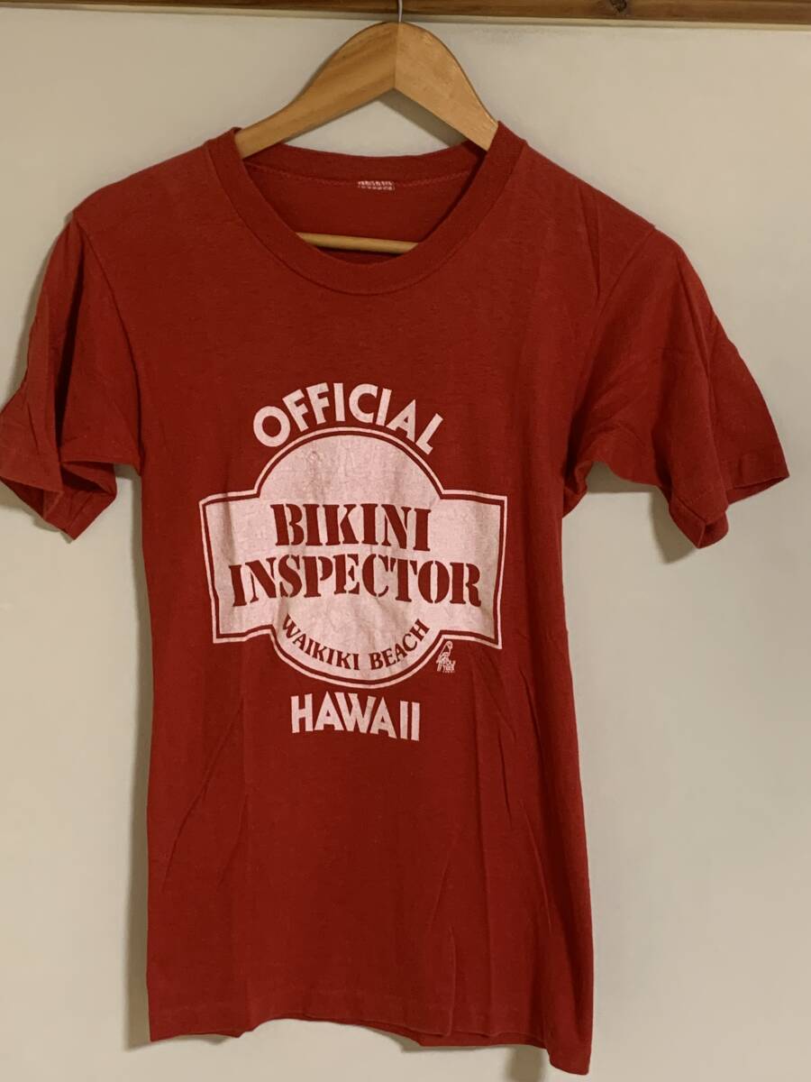 80's POLY TEES HAWAII プリント Tシャツ 赤色 Sサイズ WAIKIKI BEACH アメリカ ビンテージ VINTAGE アメカジ 古着 USED USA_画像2