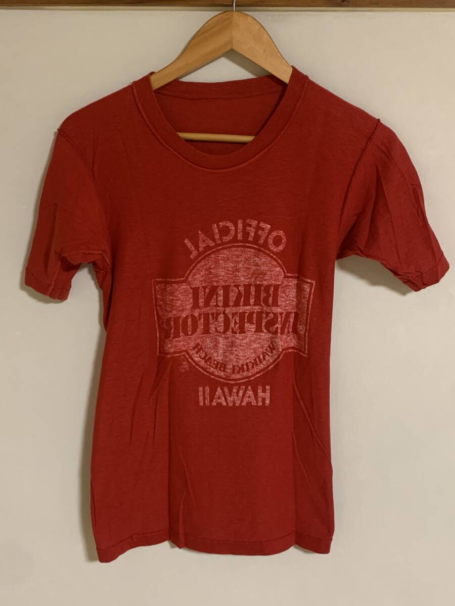80's POLY TEES HAWAII プリント Tシャツ 赤色 Sサイズ WAIKIKI BEACH アメリカ ビンテージ VINTAGE アメカジ 古着 USED USA_画像5