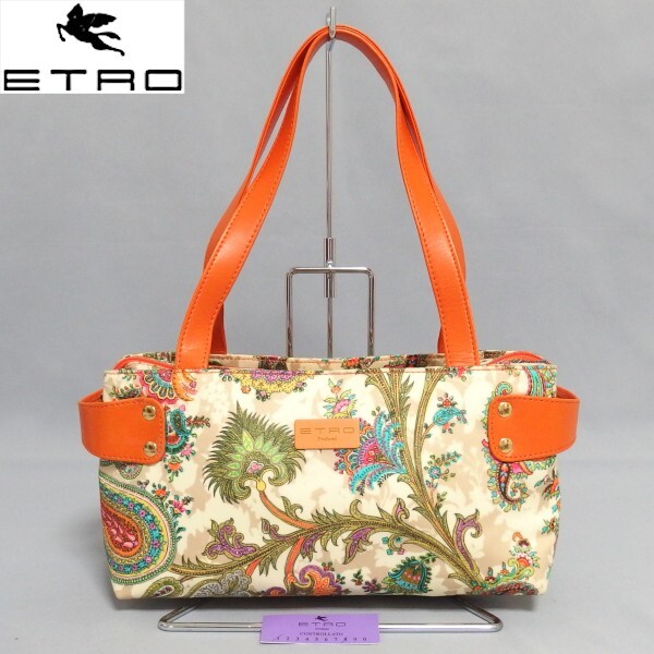 美品★ETRO ペイズリー キャンバス レザー セミショルダー ハンドバッグ オレンジ エトロ★_画像1