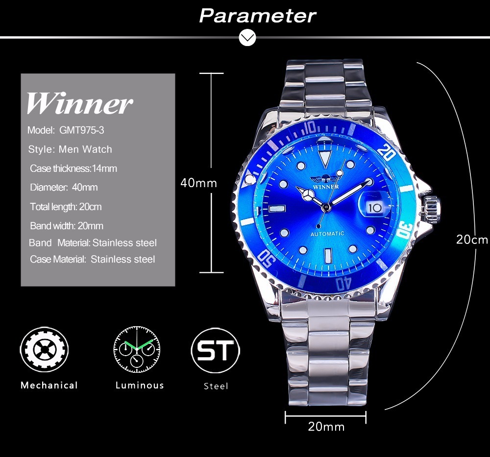 Winner社メンズ自動巻き腕時計ブルー ステンレス オートマチック 日付(ロレックス サブマリーナ デイトではありません）の画像10