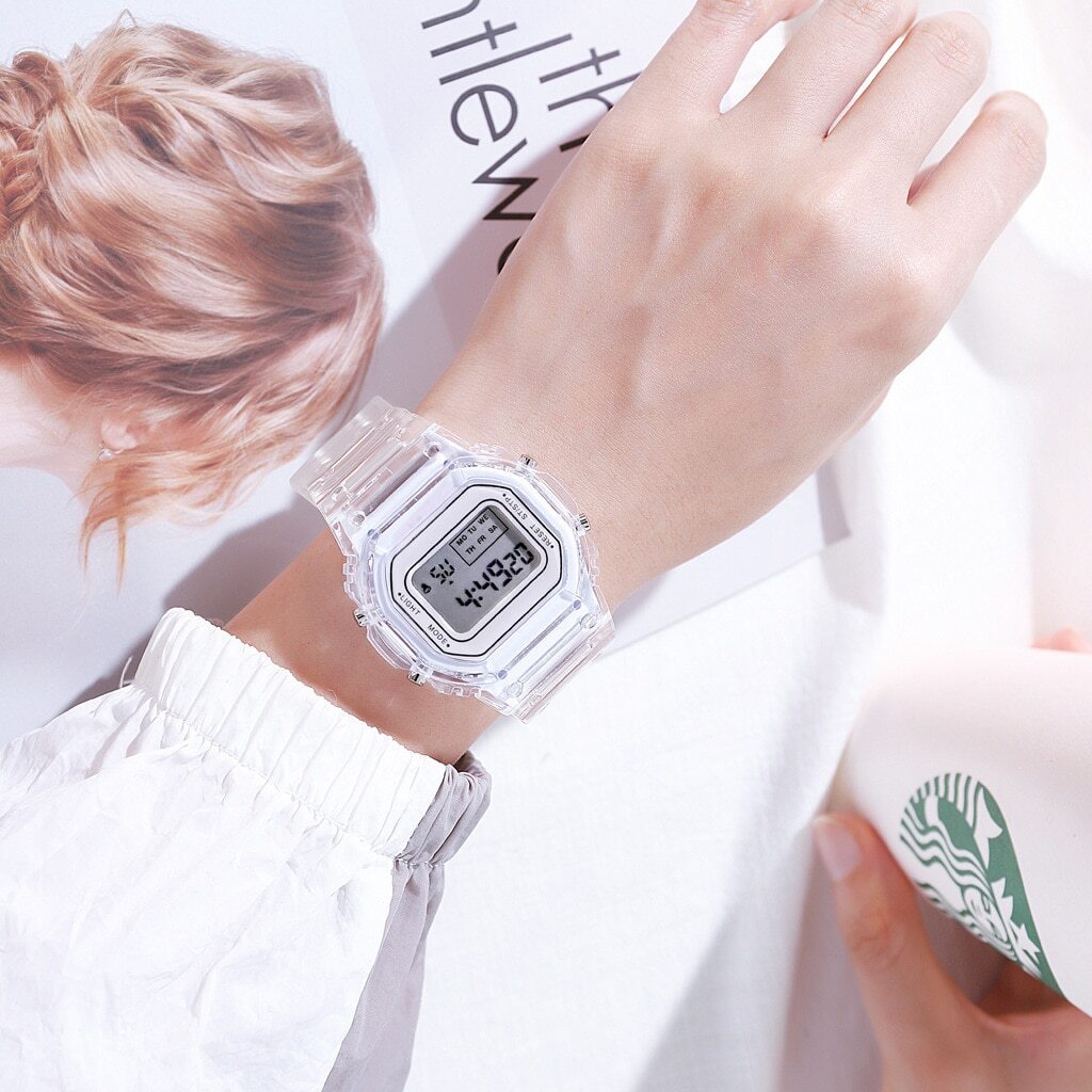 スケルトン防水軽量シンプルデザイン スポーツウォッチ デジタル腕時計レディース くすみカラー ホワイト白 (G-shockではありません)の画像6