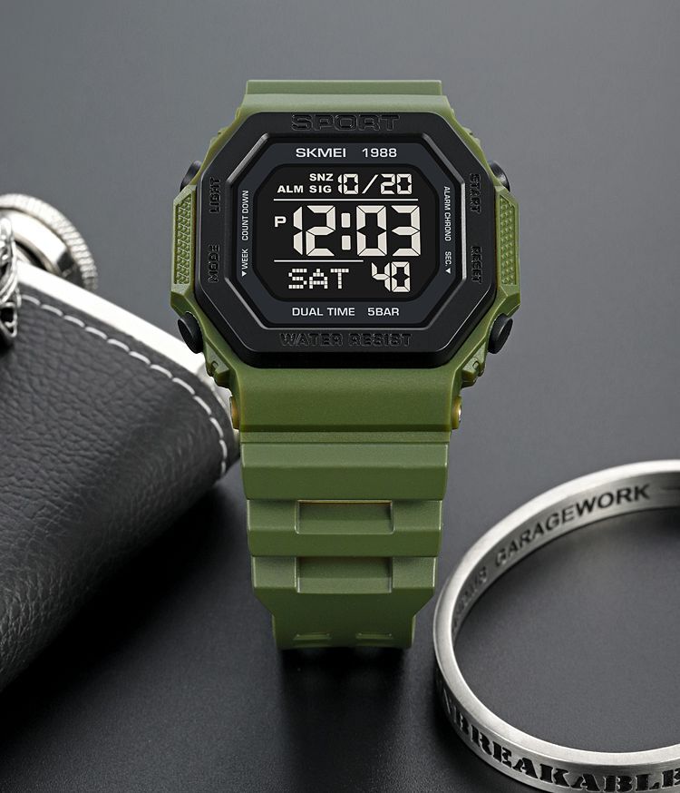 50m防水デジタル腕時計スポーツ アーミーグリーン緑 タイマー ストップウォッチ スクエア角型B (CASIOカシオG-SHOCKではありません)の画像6