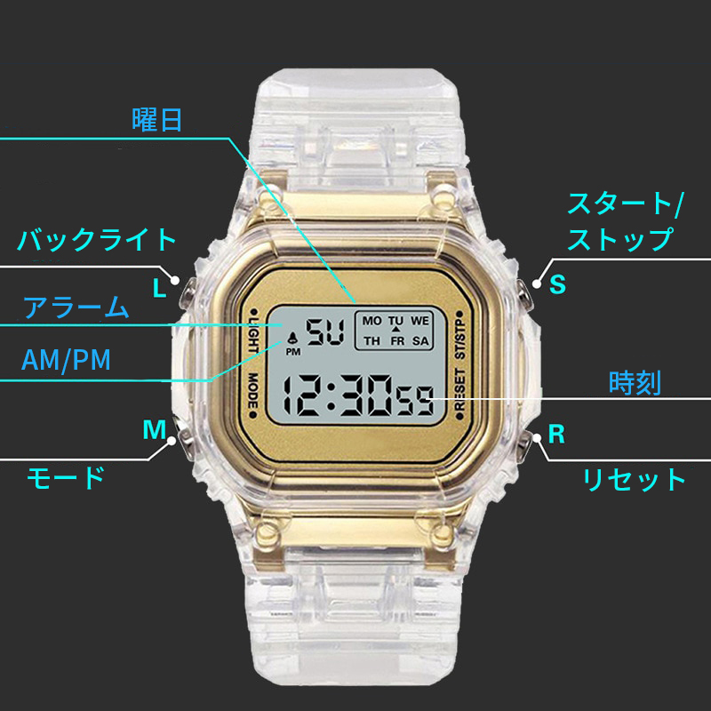 スケルトン防水軽量シンプルデザイン スポーツウォッチ デジタル腕時計レディース くすみカラー ホワイト白 (G-shockではありません)の画像7