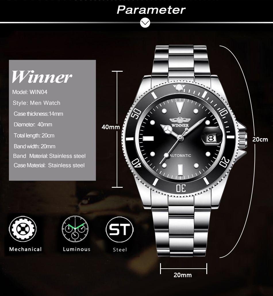 Winner社メンズ自動巻き腕時計シルバー×ブラック ステンレス オートマチック 日付(ロレックス サブマリーナ デイトではありません）の画像10