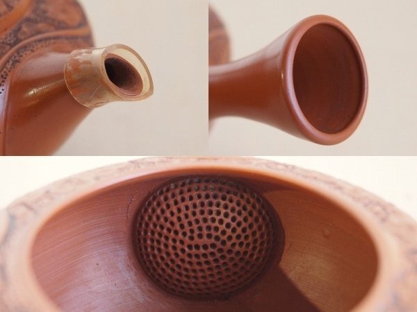 二代 間野舜園 常滑焼 急須　常滑焼　花彫　煎茶器　茶道具　朱泥　D39_画像8