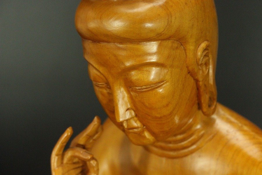 【銀閣】仏教美術 弥勒菩薩像 木彫 高55.5cm 旧家蔵出(LC308)_画像6