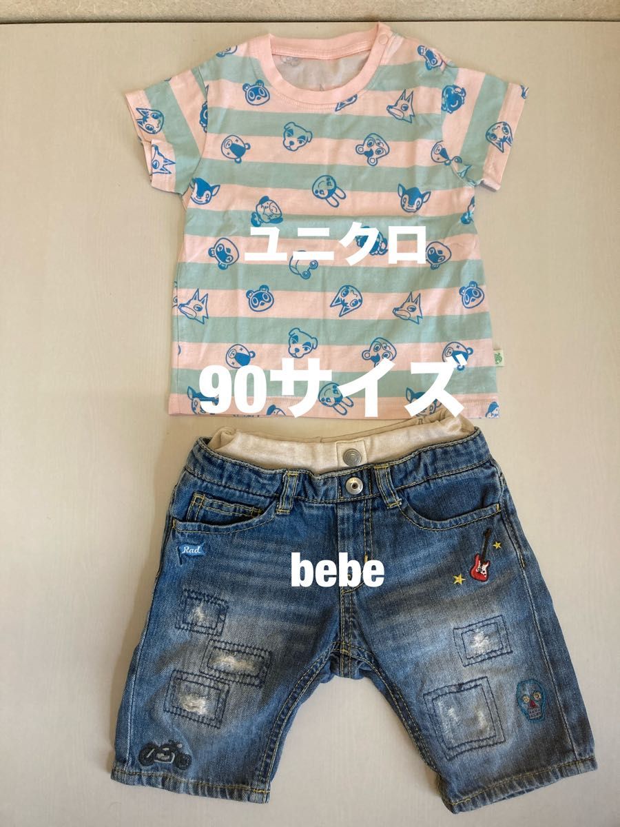 ベビーキッズ　男の子　あつまれどうぶつの森＊半袖Tシャツ　デニム半ズボン＊ダメージ加工　90サイズ　2点セットまとめ売り