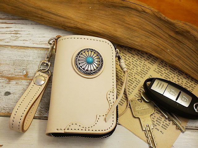  cologne . form!! half zipper leather key case turquoise Conti . smart key tongue low stitch key holder set