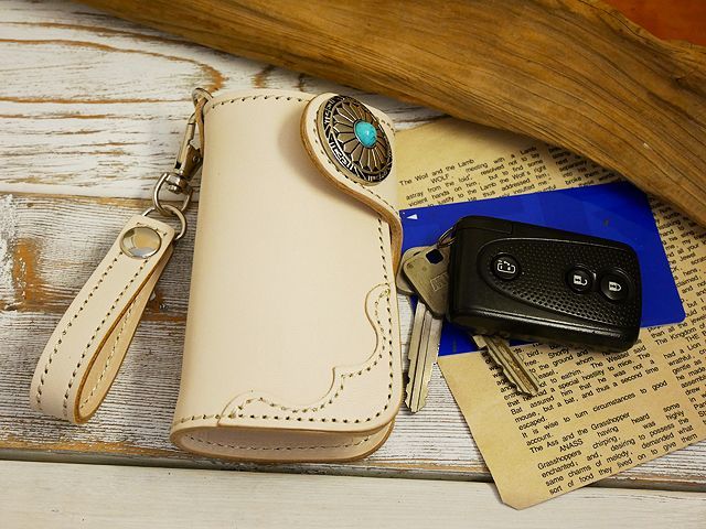  turquoise leather key case cow cow leather key holder attaching smart key card with pocket tongue low ( natural )