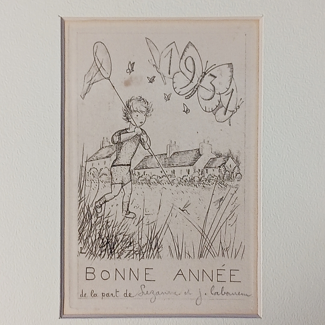 【真作】J.-E.ラブルール銅版画 1931年ニューイヤーカード サイン入 額装_画像3