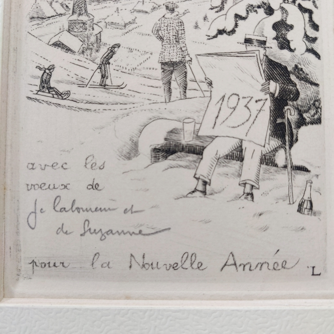 J.-E.ラブルール銅版画 1937年ニューイヤーカード サイン入 額装【真作】の画像3