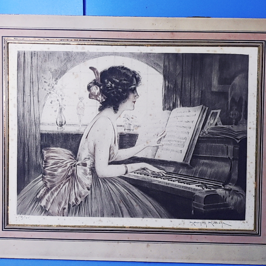【真作】モーリス・ミリエール銅版画『仮題 ピアノを弾く女』限125 サイン入」名品ですがシミあり！　Maurice Milliere _画像2