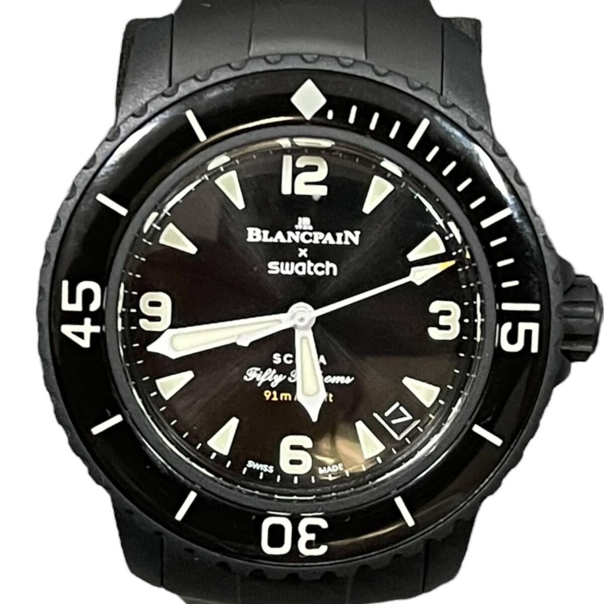 【中古品】Swatch /BLANCPAIN スウォッチ xブランパン コラボ 腕時計 ブラック デイト 自動巻 メンズ腕時計 箱、ケースあり L4-488REの画像3