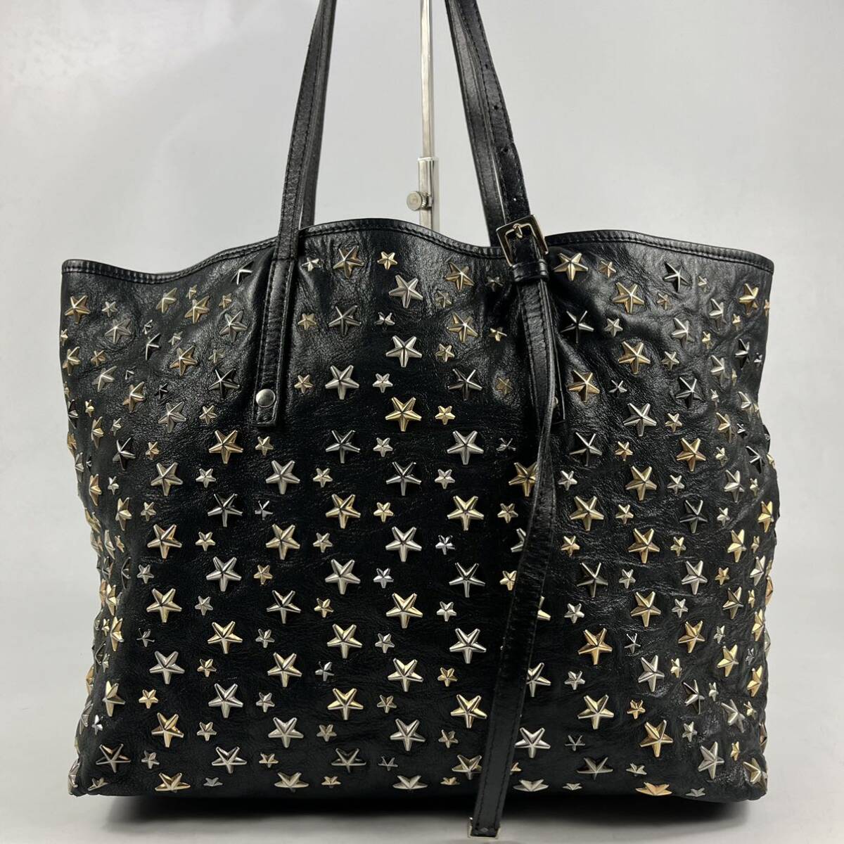 1円〜【入手困難品】 JIMMY CHOO ジミーチュウ トートバッグ サシャ レザー スタッズ A4収納◎ 黒 ブラック ビジネスバッグ レザー 通勤鞄