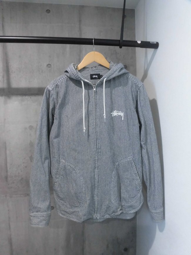 STUSSY ステューシー ヒッコリー フード付き ジャケット L/チェーン刺 ストライプ ジップパーカー/ZIPフーディ/メンズ/程度良好の画像2