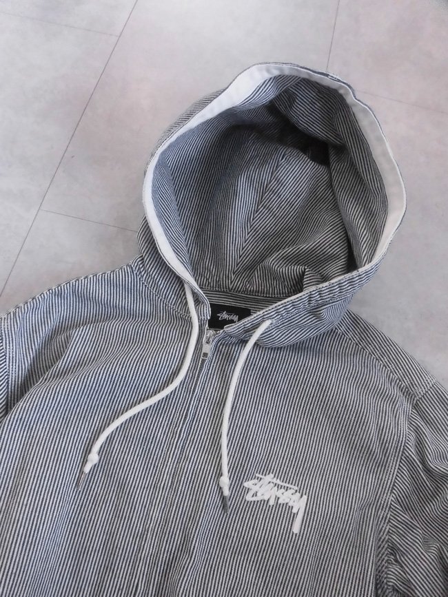 STUSSY ステューシー ヒッコリー フード付き ジャケット L/チェーン刺 ストライプ ジップパーカー/ZIPフーディ/メンズ/程度良好の画像4