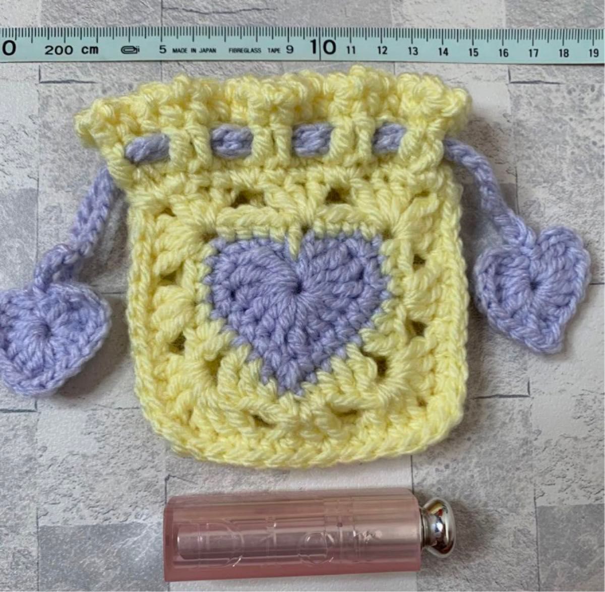 ハートミニ巾着 イエロー×紫 手編みハンドメイド 編み物