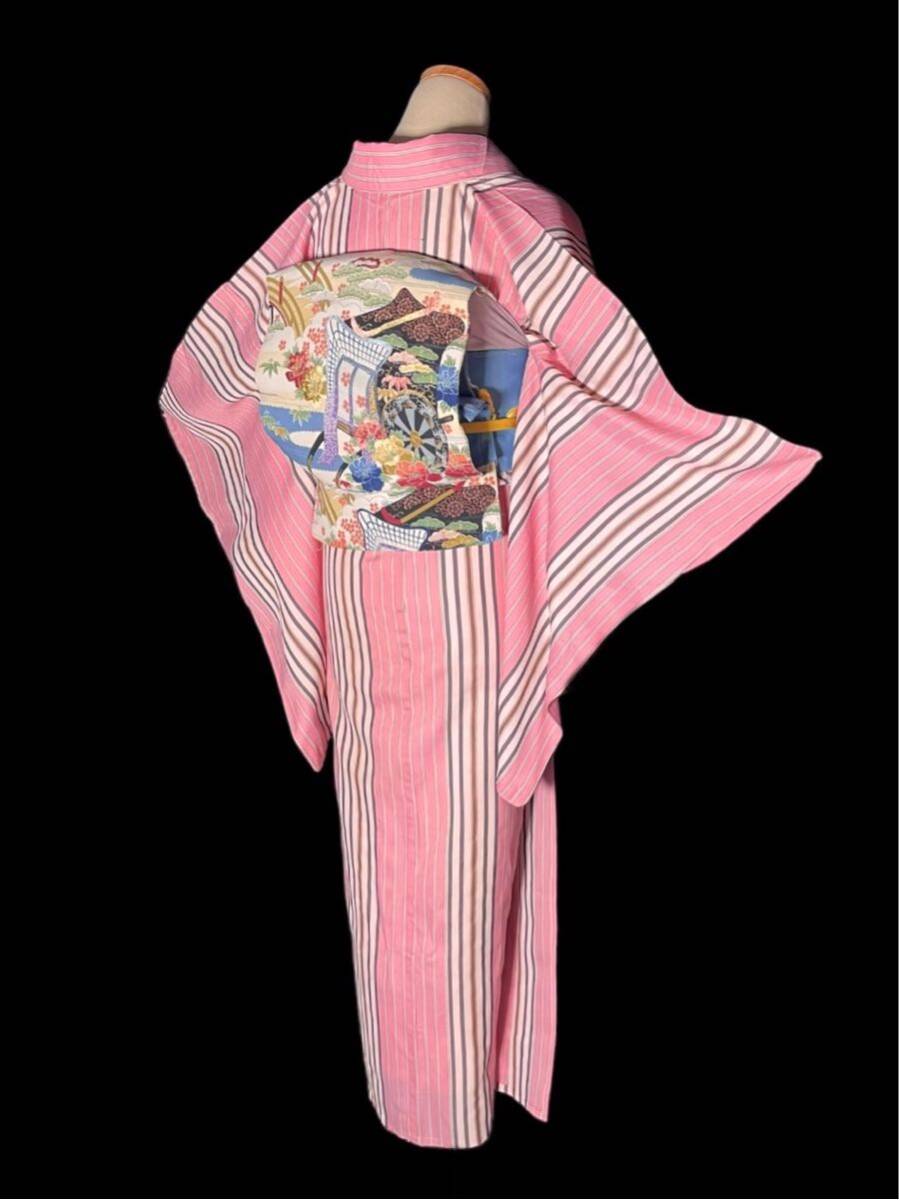 【まり葉屋】アンティーク着物 単衣 縞 ピンク 大正ロマン 昭和モダン 大正浪漫の画像3
