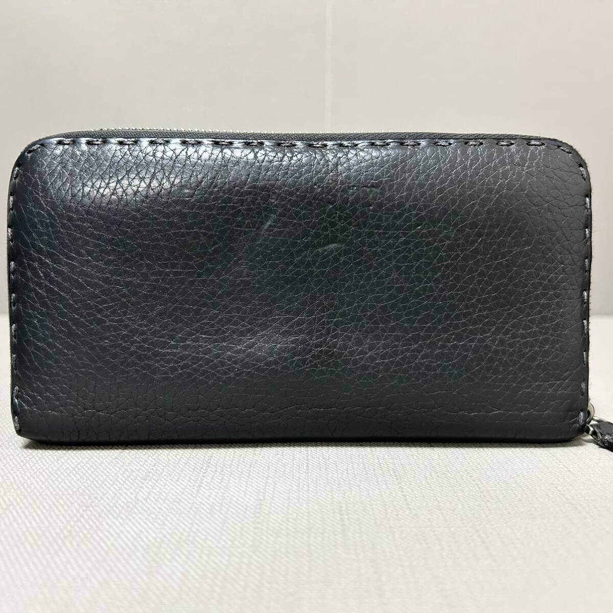 1円/美品◆FENDI フェンディ セレリア 長財布 ラウンドファスナー レザー 本革 シボ革 ジッピーウォレット ダークグレー メンズ ビジネス