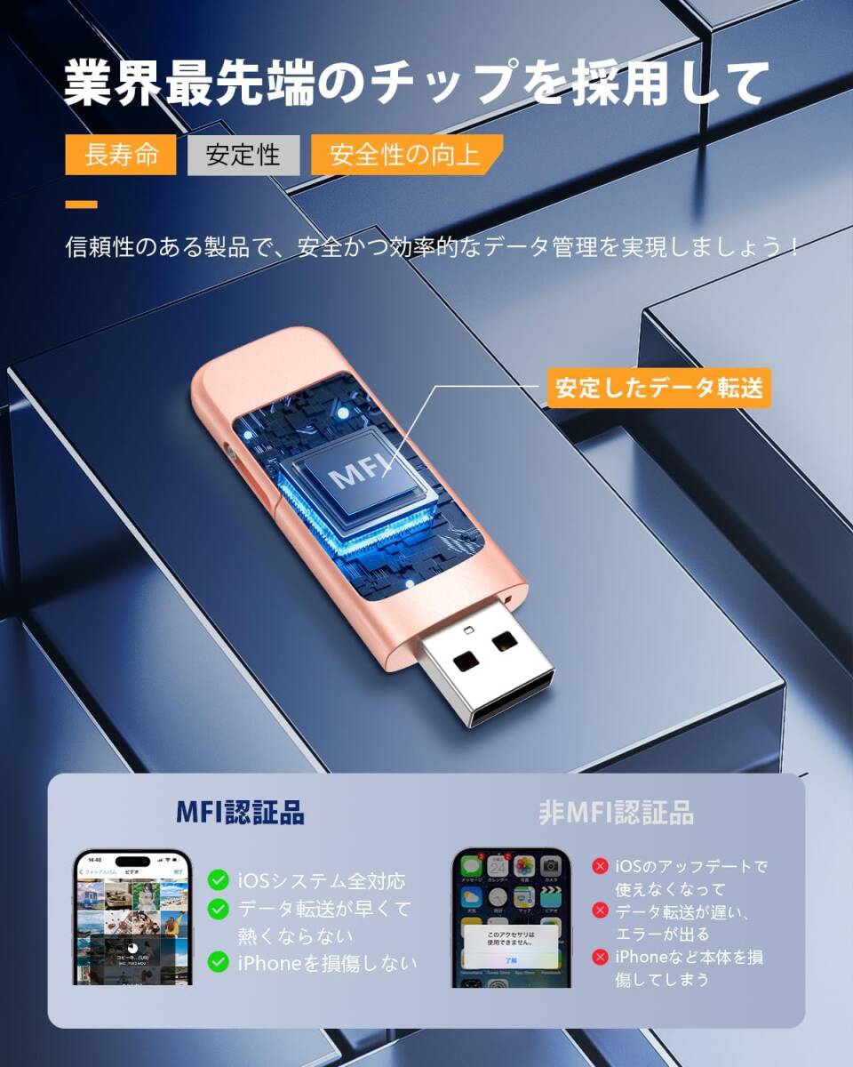 【MFI認証取得 高速認識】iPhone用USBメモリ指紋認証 128GB ピンク USBメモリ スマホ usbメモリUSB 3.0 フラッシュメモリー iphone用
