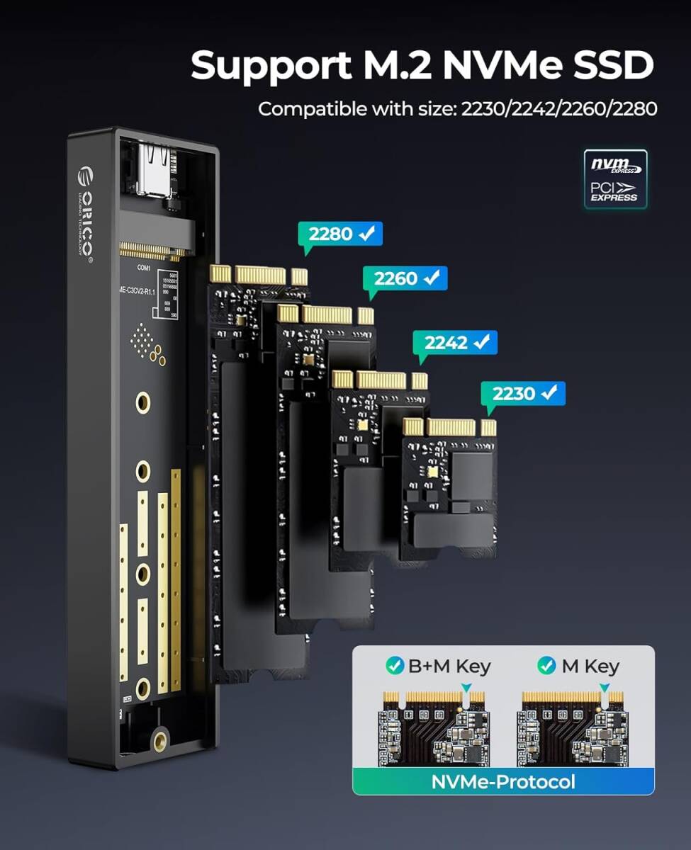 ORICO M.2 SSDケース USB-C to NVMe M-Key / B&M Key（Nvmeのみ）に対応 USB 3.1 Gen2 10Gbps 外付けケース ABS+アルミ材質 M2PV-BK_画像3