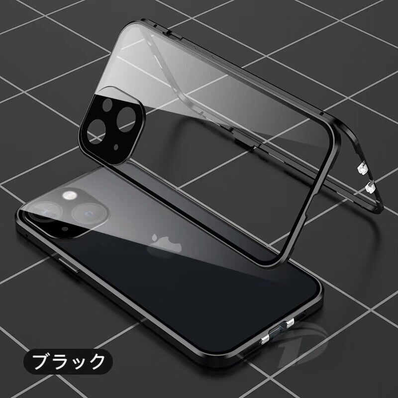 ダブルロック付き 前後強化ガラス レンズカバー一体型 iPhone11 12 13 14 15 Pro max mini Plus ケース アルミ合金 耐衝撃 バンパーケースの画像2