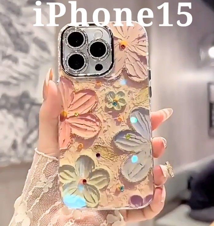 花柄 ブルーレイ  iPhone15 ケース カメラレンズ保護 レディース