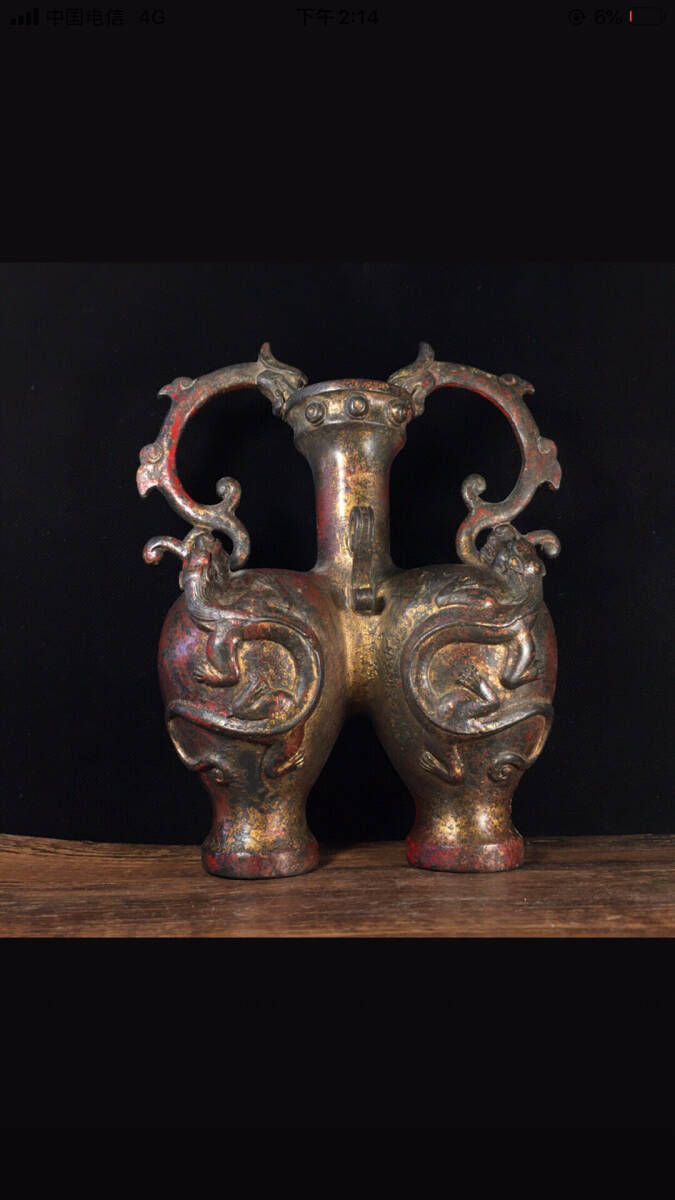 【超珍館蔵】銅製 泥金 雙龍紋 連體瓶 置物 古賞物 古美術品 稀少珍蔵品