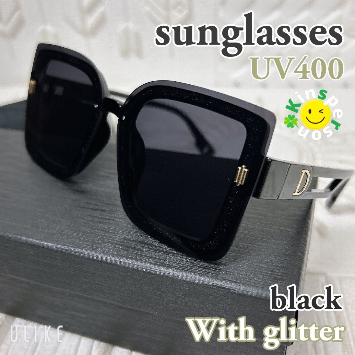 新品 ラメ装飾 サングラス UV400 ブラック 4点セット 化粧箱 皮革ケース クロス フラット ポリカーボネート（PC素材）