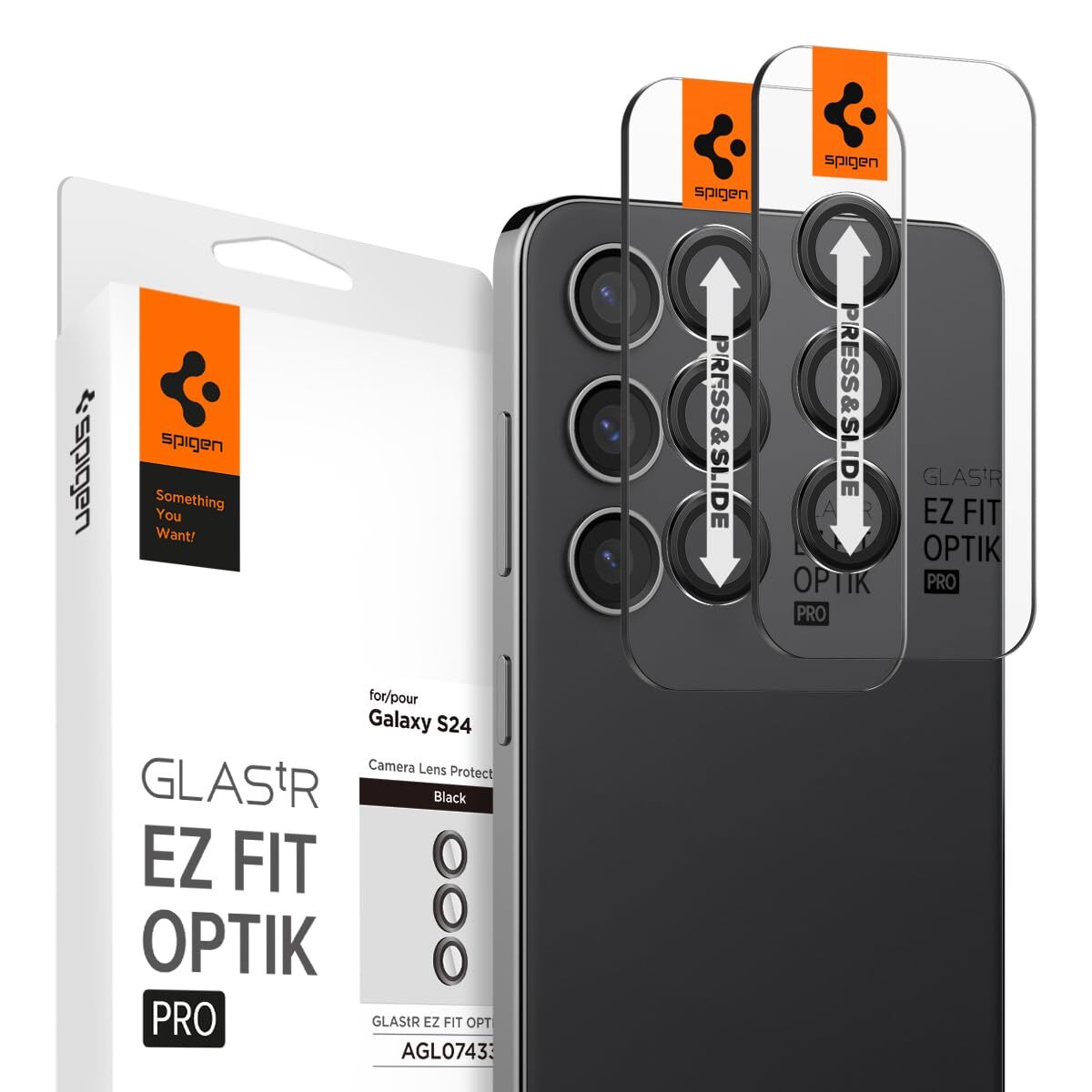 Spigen GalaxyS24 カメラフィルム 貼り付けキット付 保護フィルム ブラック 2セット EZ Fit Optik Pro_画像1