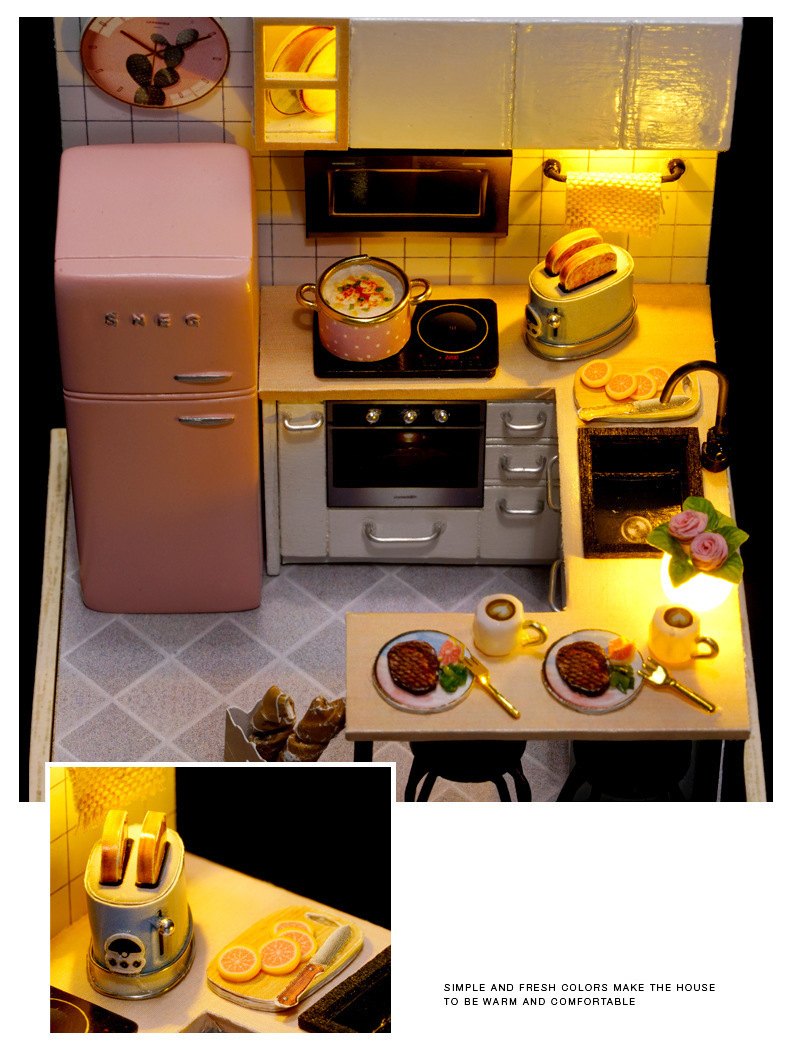 新品 ドールハウス 手作りキット セット ミニチュア キッチン 小部屋 ピンク かわいいの画像3