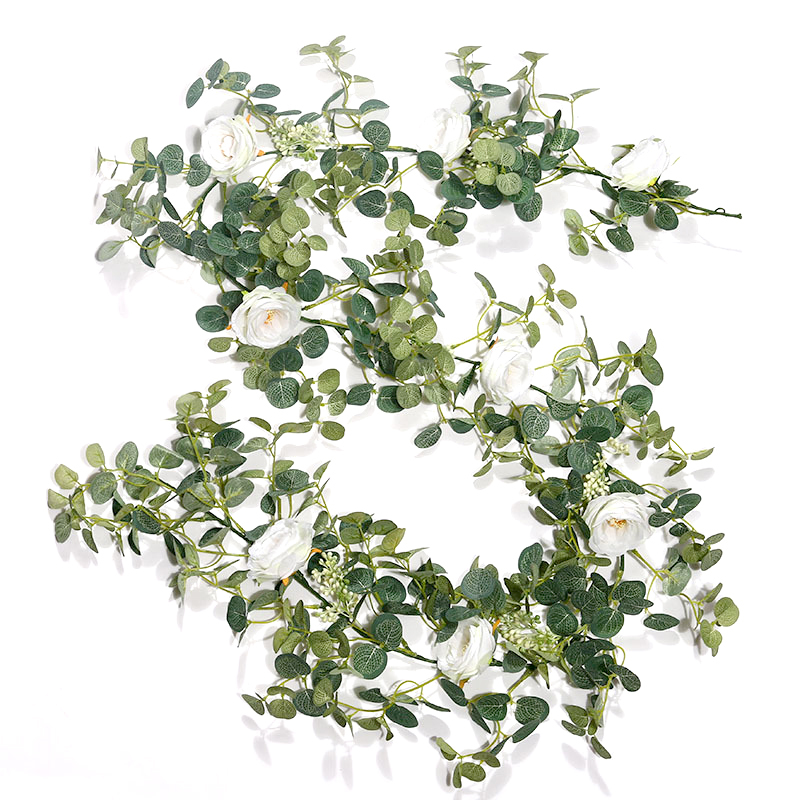 1.85m 造花 ガーランド フェイクグリーン バラ ユーカリ 薔薇 ローズ 人工観葉植物の画像2