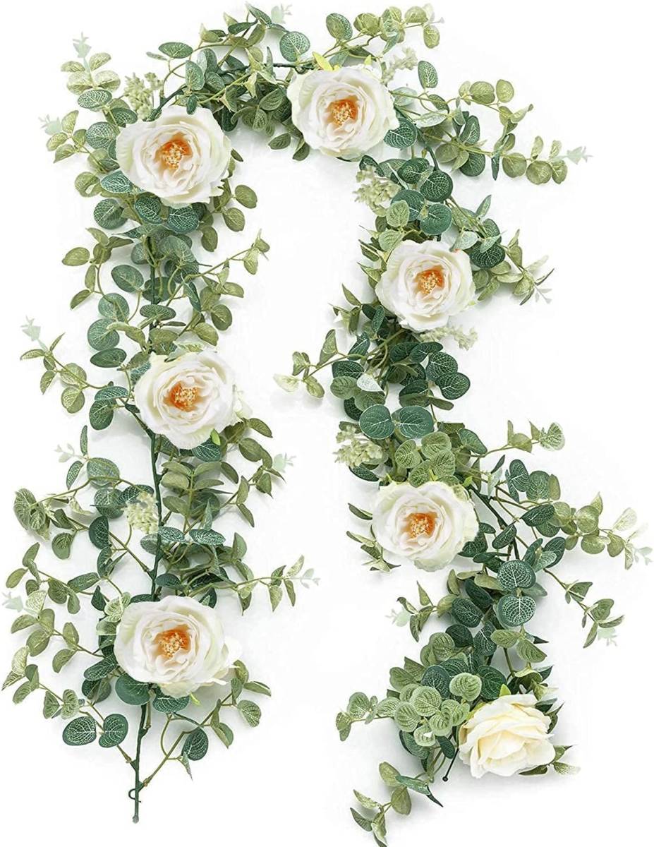 1.85m 造花 ガーランド フェイクグリーン バラ ユーカリ 薔薇 ローズ 人工観葉植物の画像1