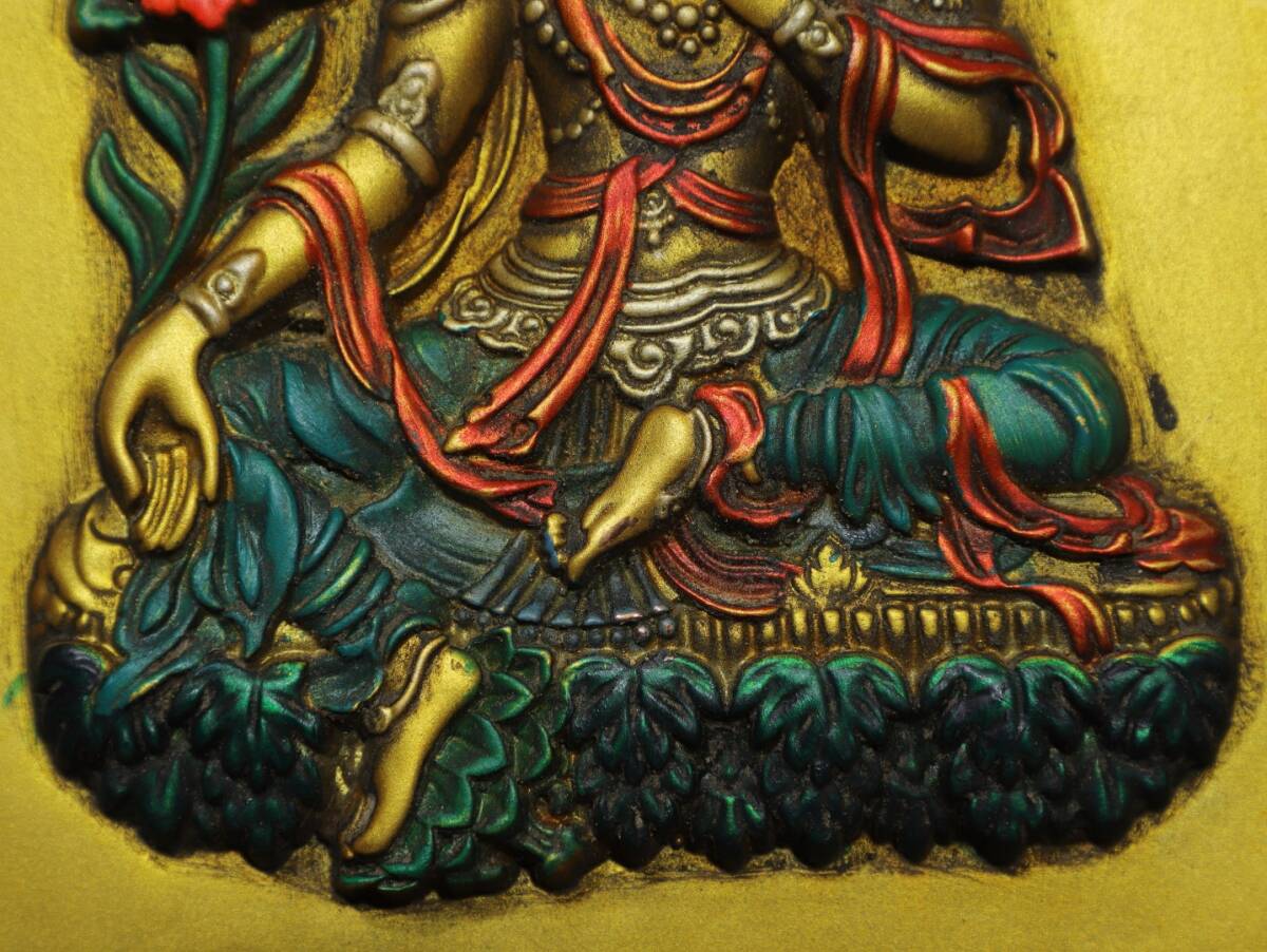 中國 清代 チベット仏教彩色タンカ 花梨木嵌紫銅 緑度母菩薩 仏像 掛屏 仏教古美術 置物 時代物 中国美術 YF355_画像6