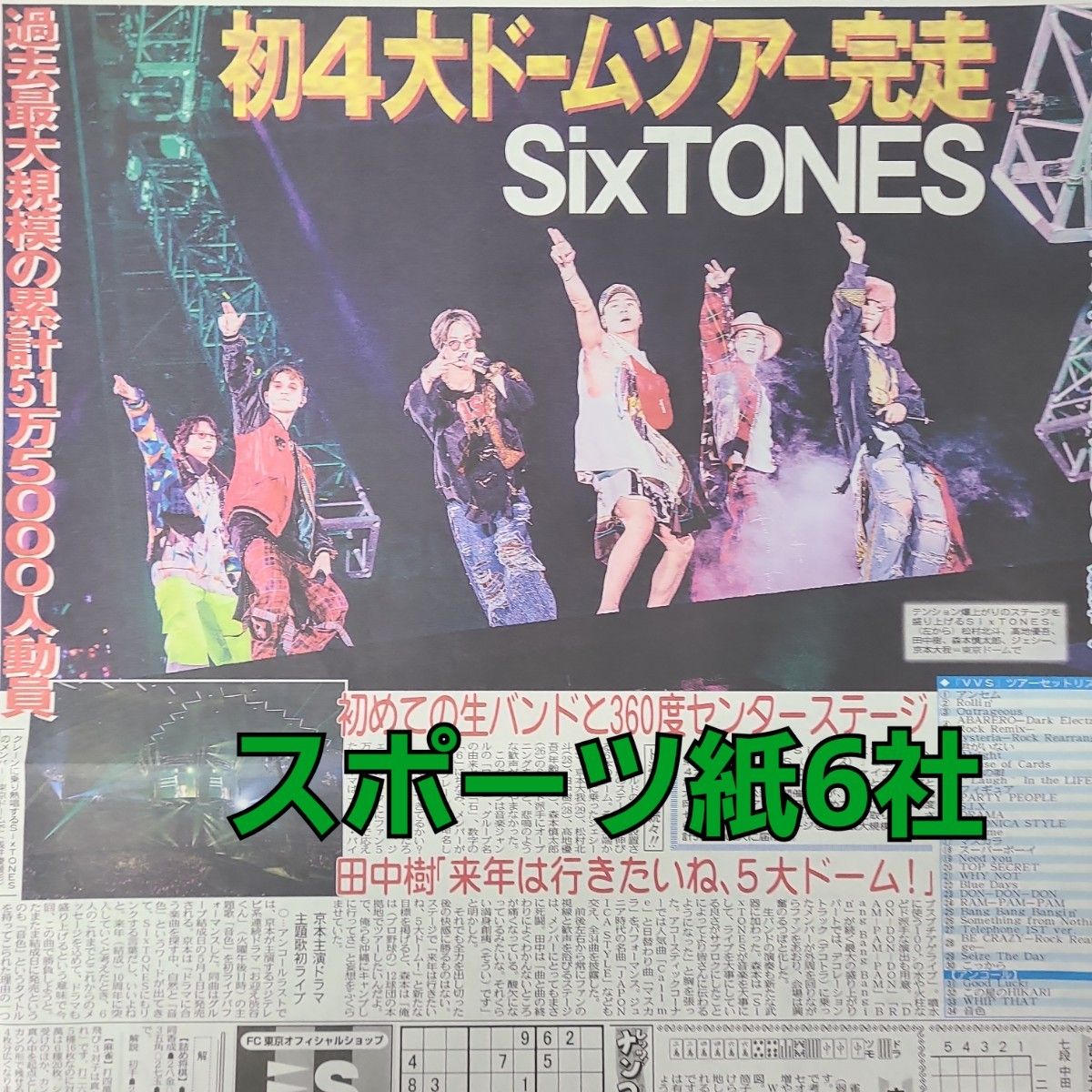 4月23日 朝刊　SixTONES  東京ドームライブ！！　スポーツ紙全6社 