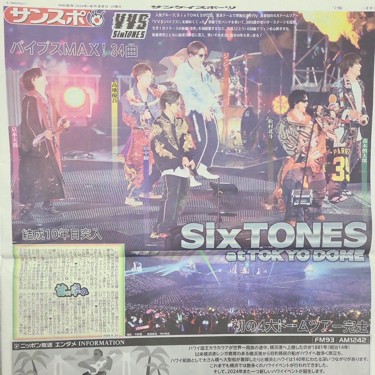 4月23日 朝刊　SixTONES  東京ドームライブ！！　スポーツ紙全6社 