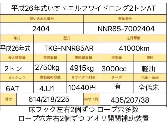 【諸費用コミ】:平成26年 いすゞ エルフ 2トン ワイドロング AT 全低床 いすず いすゞエルフ 2トン車 平 平車 AT車_画像の続きは「車両情報」からチェック