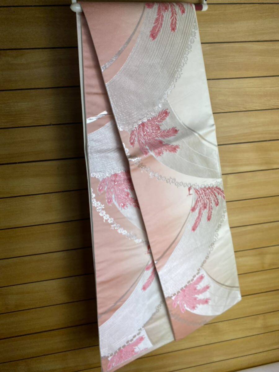 全通　銀糸　袋帯　正絹　ピンク　ぼかし　帯_画像5
