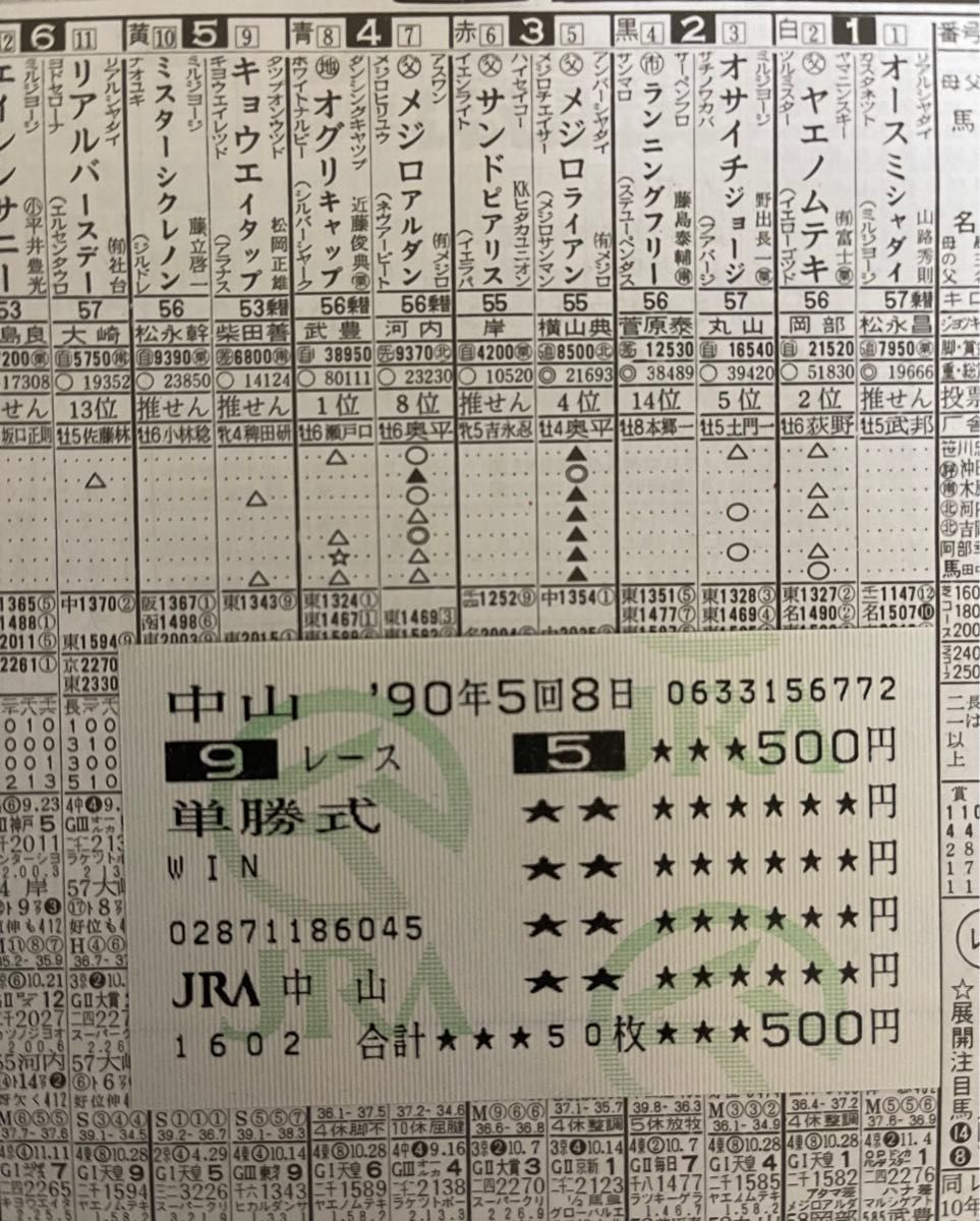 1990年 第35回 有馬記念 メジロライアン 単勝馬券 競馬新聞 入場 1990年 第35回 有馬記念 メジロライアン 単勝馬券 競馬新聞 入場