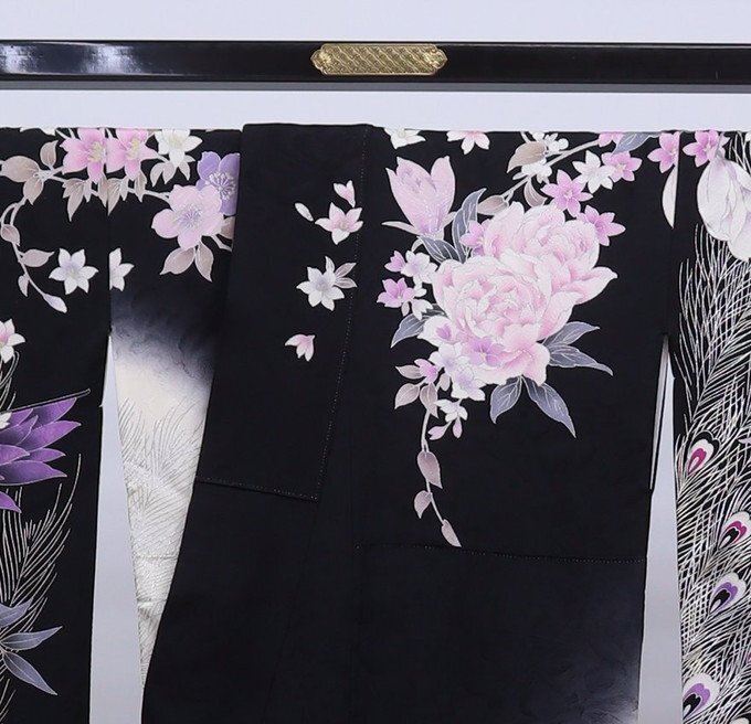 cherry*C0154fc* long-sleeved kimono collection!* long-sleeved kimono single goods black x white series underskirt attaching * coming-of-age ceremony graduation ceremony wedding furisode kimono Japanses[ secondhand goods / silk 