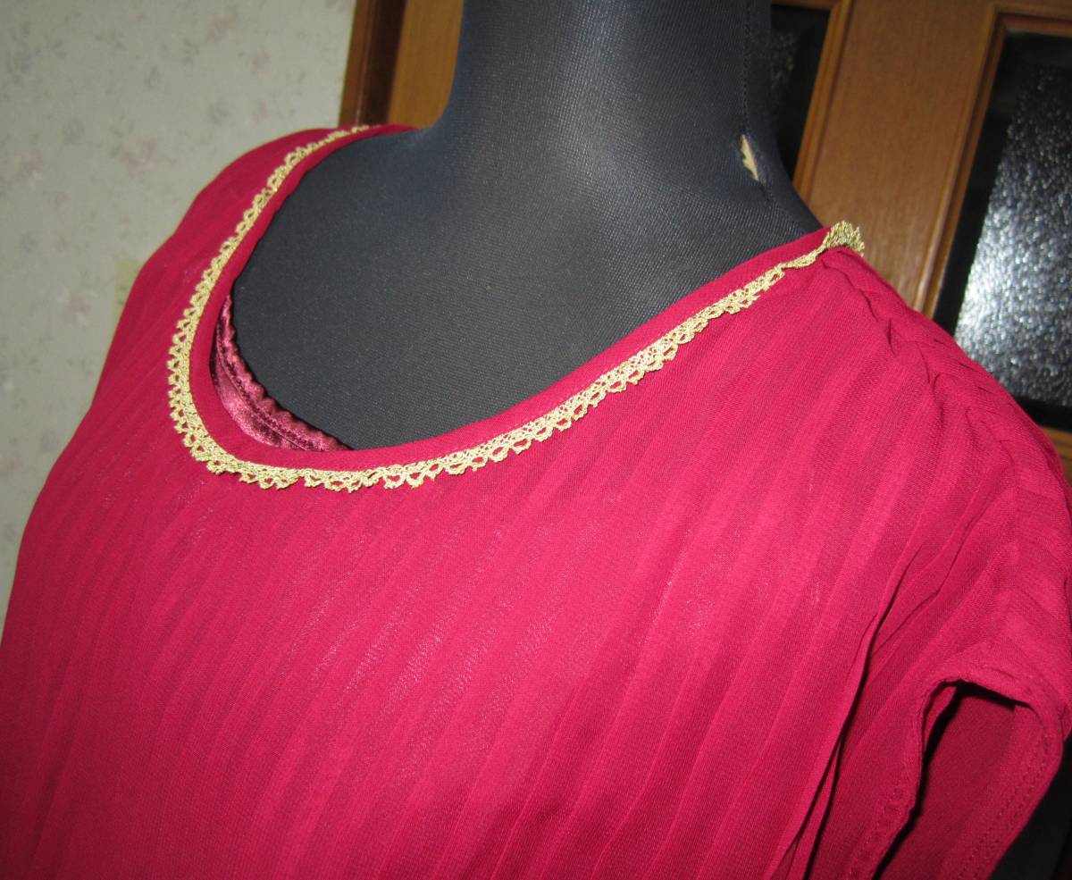 * new goods tag attaching * Sara .. chiffon pleat. Brown Gin g dress dress *M~LL*. red color * postage 198 jpy ~* party . wedding .!!