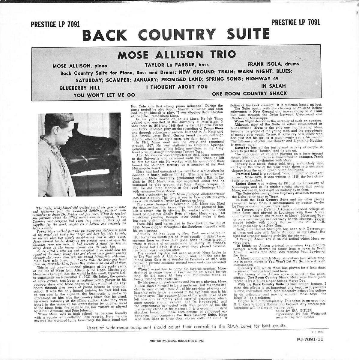 A00591252/LP/モーズ・アリソン (MOSE ALLISON TRIO)「Back Country Suite For Piano Bass And Drums」の画像2