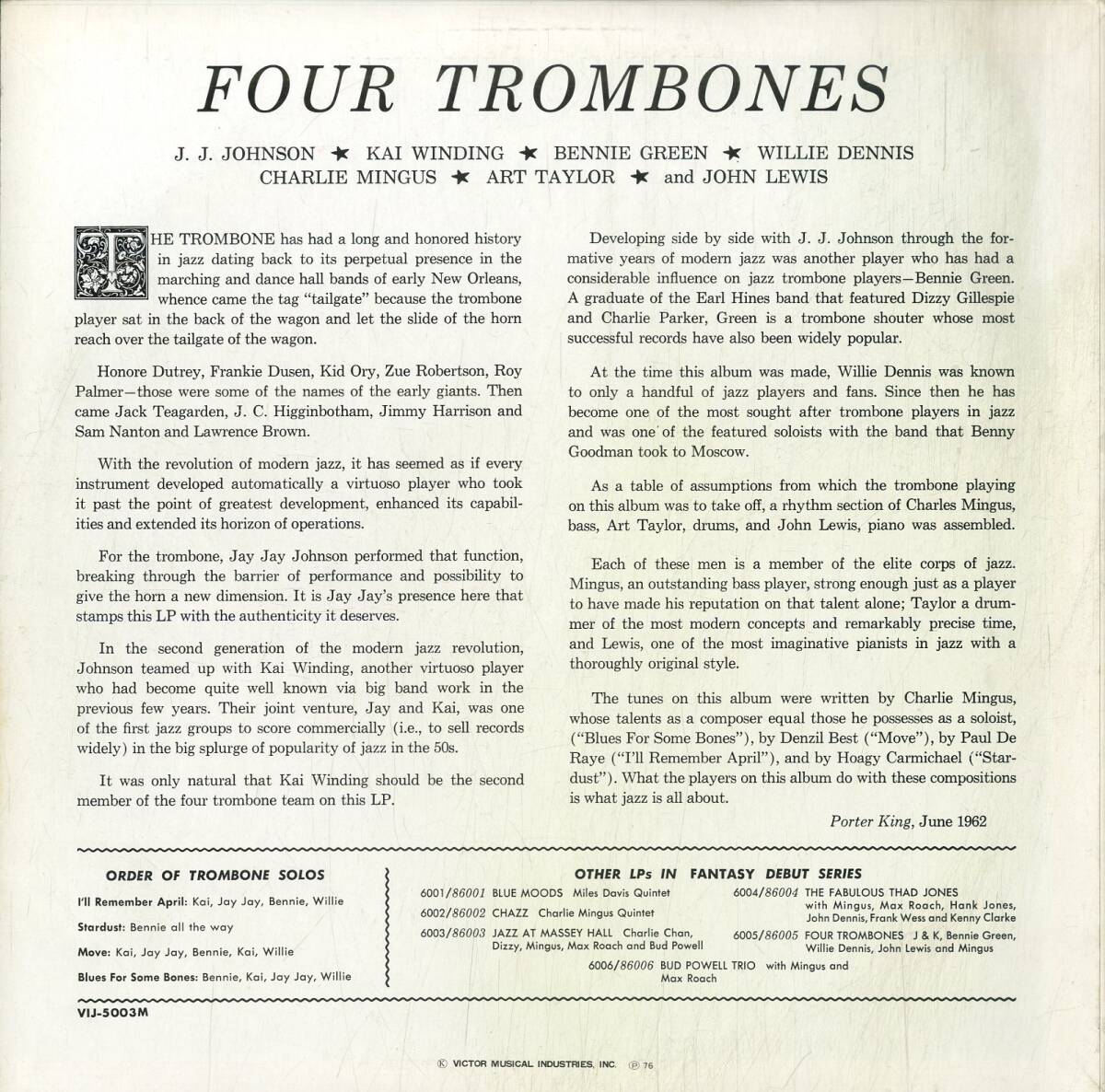 A00591834/LP/J.J.ジョンソン/カイ・ウィンディング/ベニー・グリーンetc「Four Trombones Vol.1 (1976年・VIJ-5003-M・MONO・クールジャの画像2