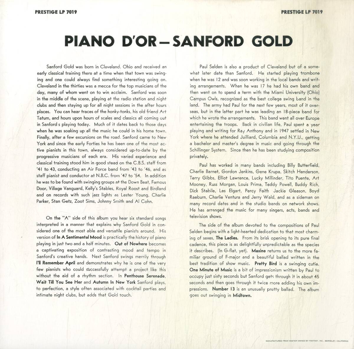 A00591476/LP/サンフォード・ゴールド「Piano Dor ピアノ・ドール (1992年・WWLJ-7055・ポストバップ)」_画像2
