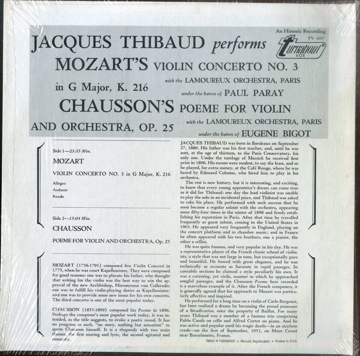 A00593088/LP/Jacques Thibaud「Mozart/Chausson ? Violin Concerto No. 3 / Poeme For Violin And Orchestra」の画像2