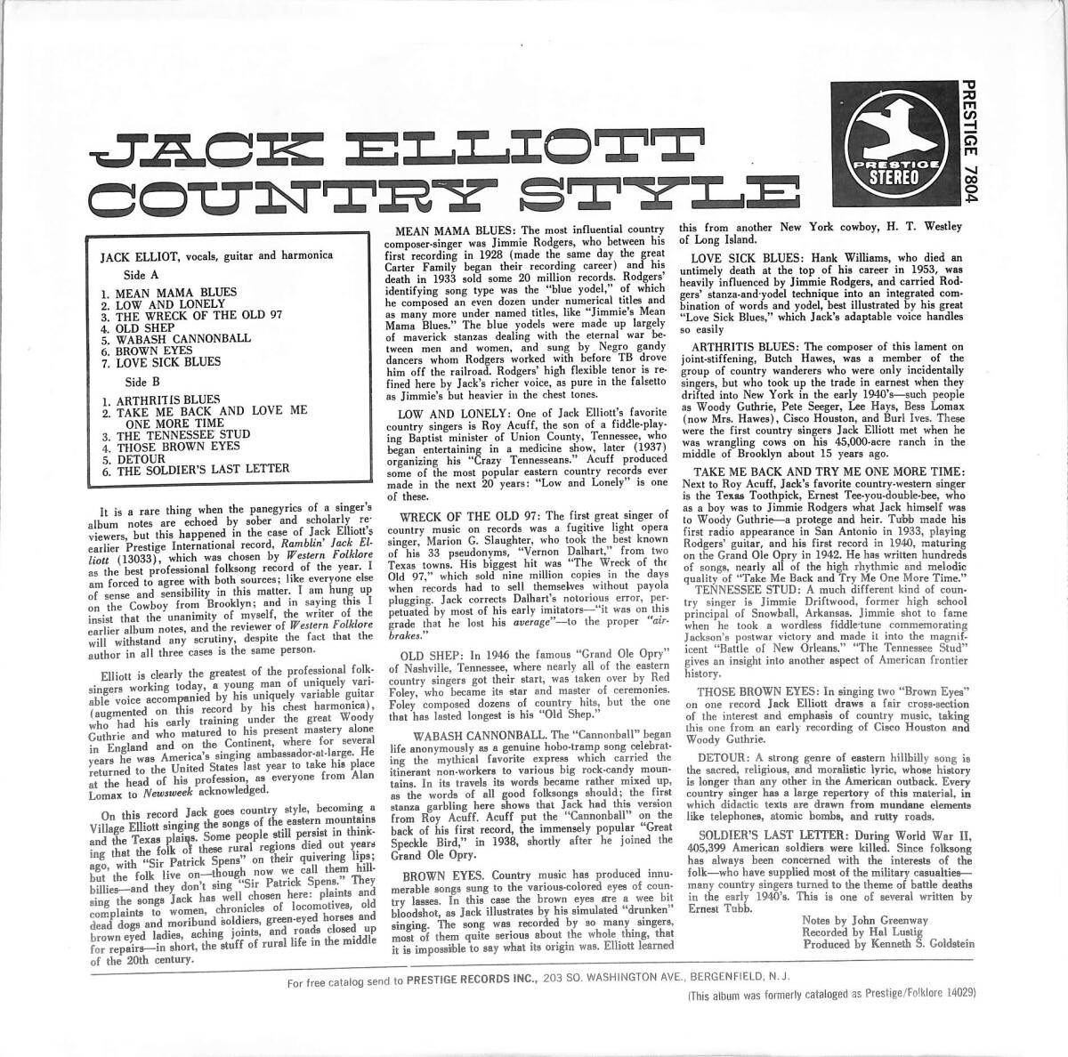 A00591513/LP/ランブリン・ジャック・エリオット (JACK ELLIOTT)「Country Style (PR-7804・PRESTIGE・カントリーブルース・BLUES)」の画像2