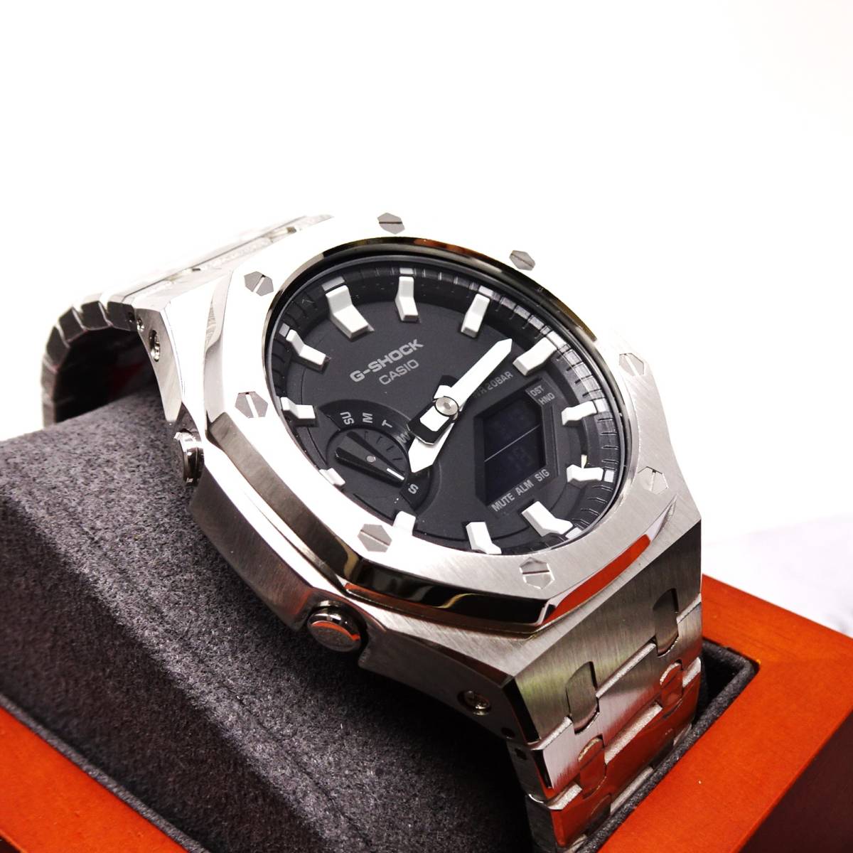 送料無料・新品・Gショックカスタム本体付きGA2100海外オールステンレス製シルバーベゼルベルトモデルメンズ腕時計・カシオークの画像5