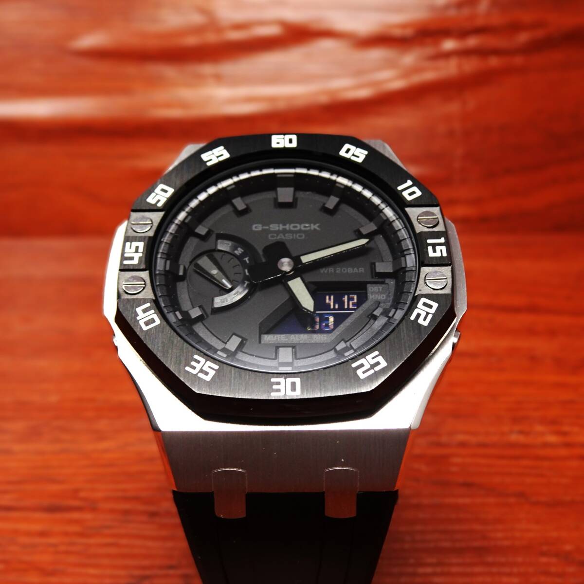 送料無料・新品・Gショック第4世代カスタム本体付きGA2100海外ステンレス製ベゼル＆ブラックシリコンラバーベルト腕時計・カシオークの画像3